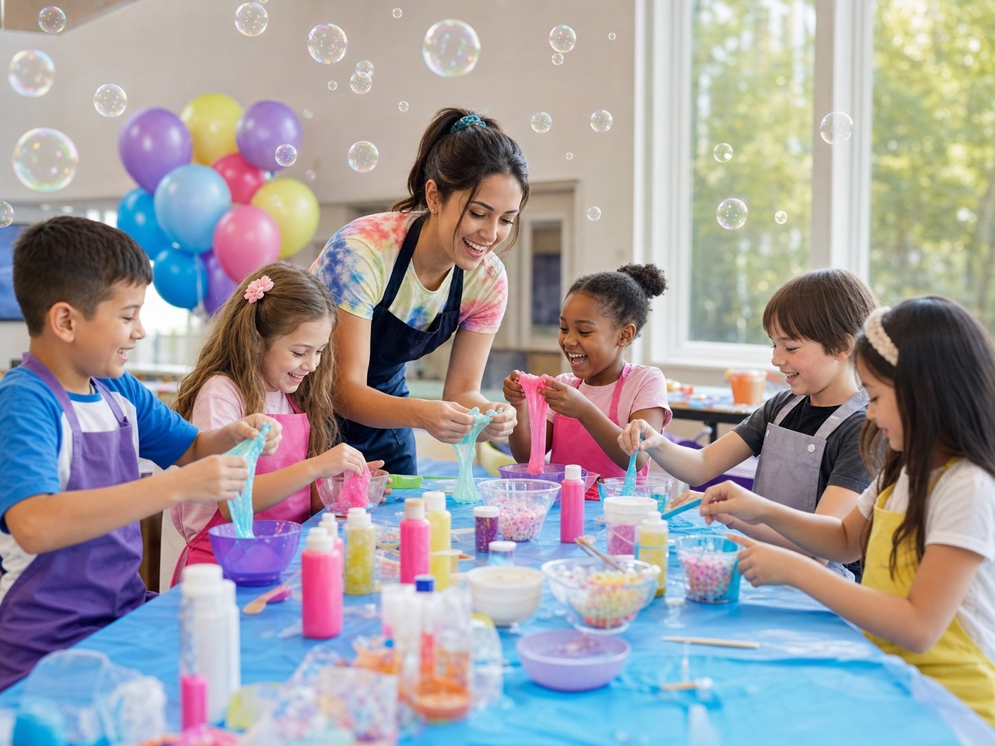 Children enjoying slime making and bubbles in the Gold Package